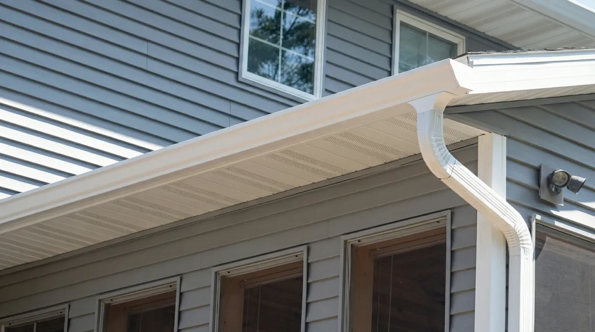 Professional home remodeling project showing newly installed white seamless gutters and downspouts on a house with gray siding in Detroit, Mi