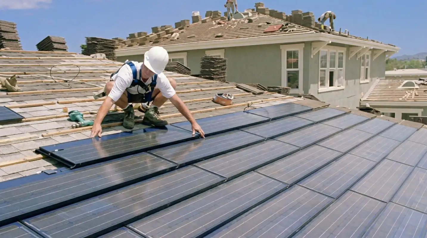 Roof replacement expert installing modern solar shingles on a residential home in Detroit, Mi