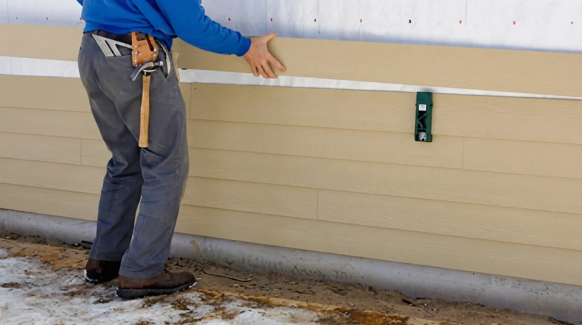 Siding replacement expert carefully aligning a new tan siding panel onto a residential exterior wall in Detroit, Mi