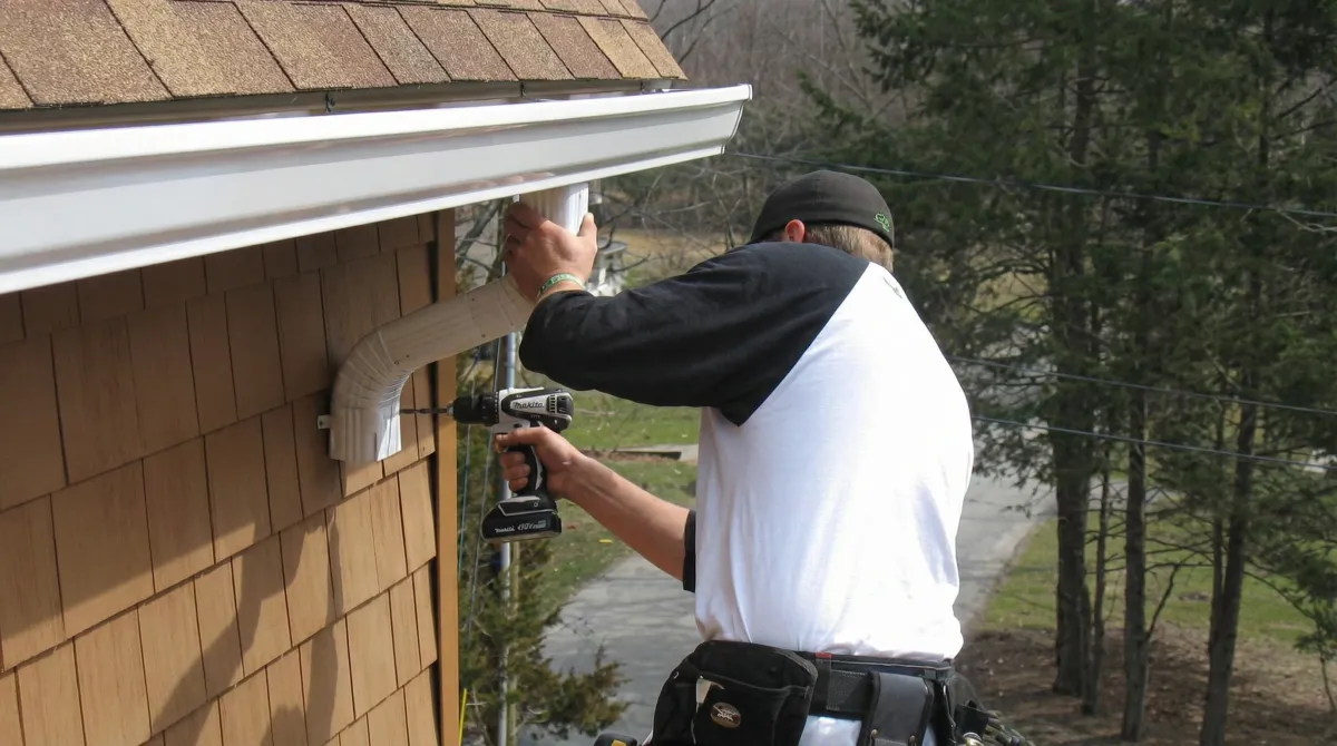 Professional contractor installing tan vinyl siding panels on a residential home exterior in Detroit, Mi