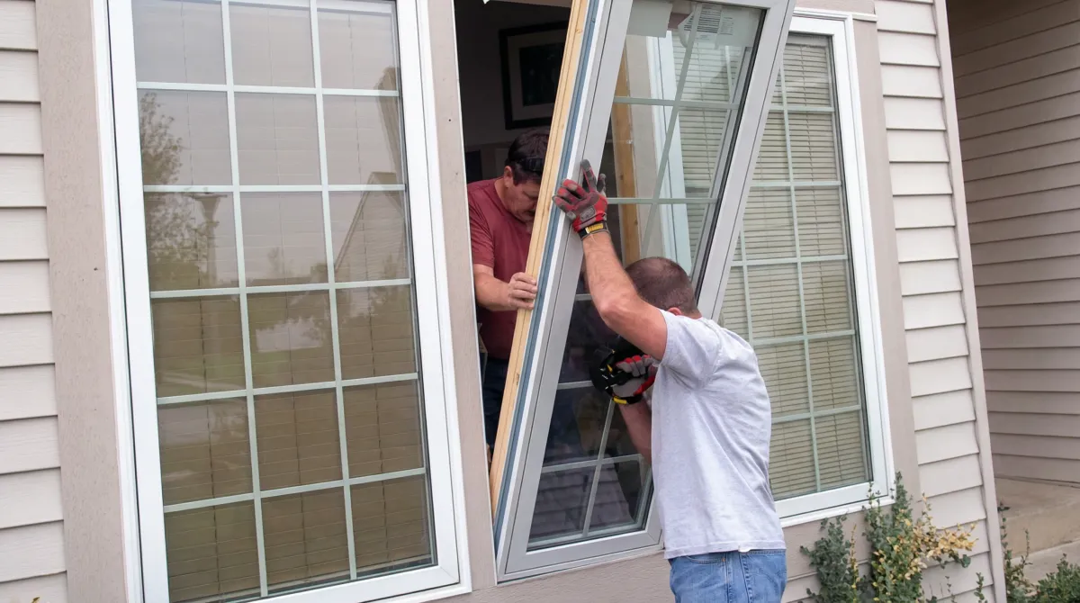 Professional home remodeling team installing a large replacement window on a house with tan siding in Detroit, Mi